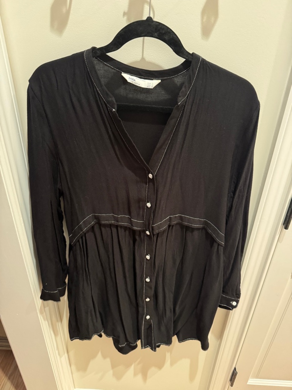 ZARA Black Button-Front Peplum Tunic with Contrast Stitching